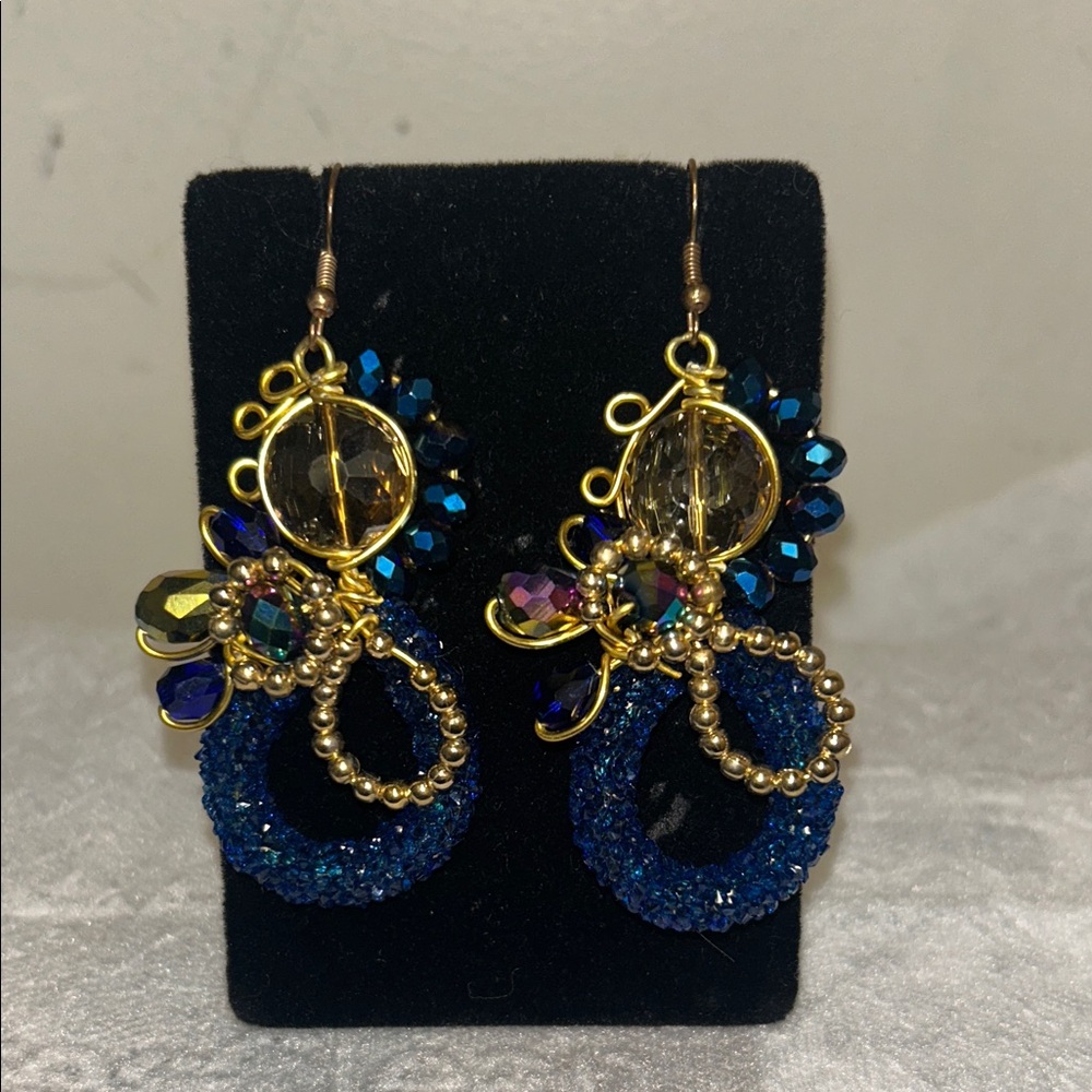 Chic Gold and Blue Crystal Earrings